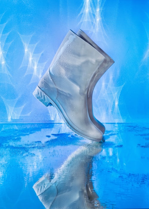 Shiny silver rain boots stand on a glossy blue surface, reflected below. Abstract blue light pattern creates a dynamic background.
