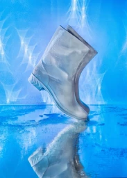 Glossy white rain boots standing on a reflective blue surface with water droplets against a glowing background.