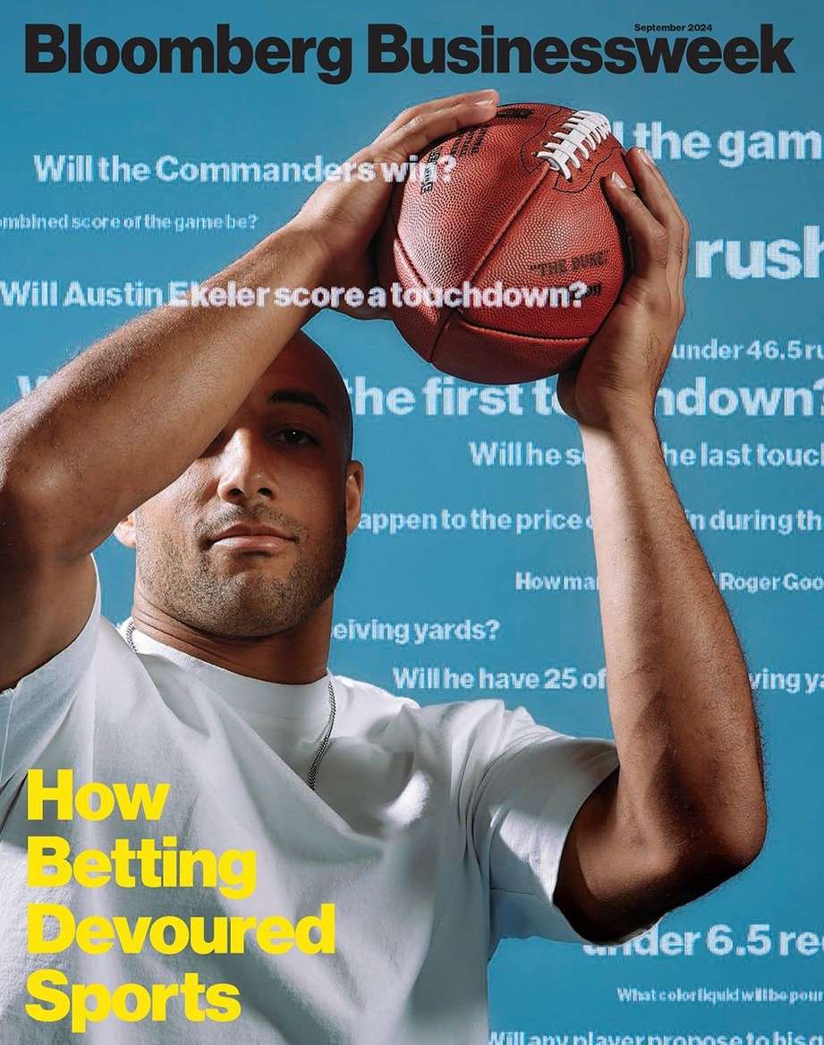 Magazine cover with a man holding an American football, and gambling-related text in the background. Features the Bloomberg Businessweek logo.