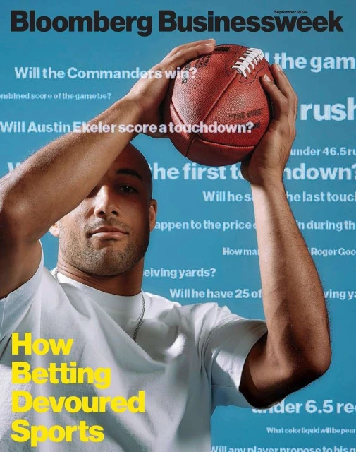 Magazine cover with a man holding an American football, and gambling-related text in the background. Features the Bloomberg Businessweek logo.