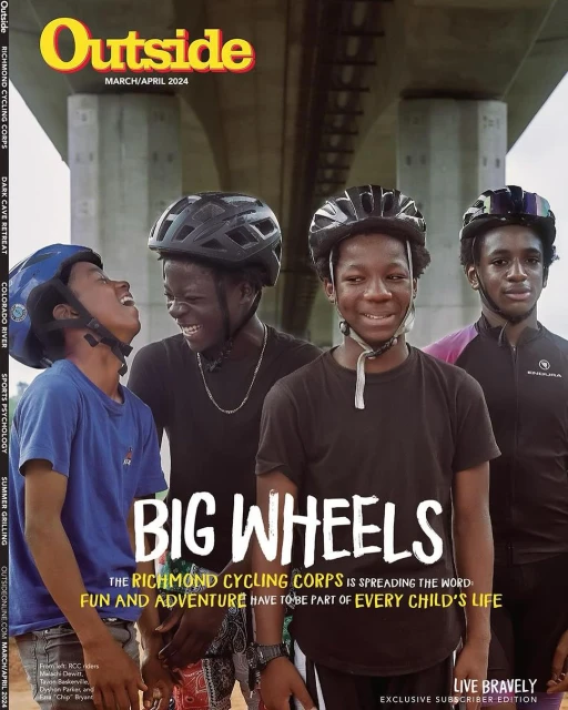 Magazine cover features four teen boys with helmets who are part of the Richmond Cycling Corps, beneath a concrete bridge. 'Big Wheels' title.