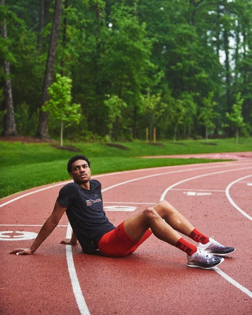 Male athlete rests on a red running track outdoors in daytime, wearing running shoes, red shorts and socks, and a dark T-shirt.