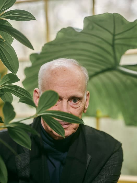 Portrait of an elderly man peering through green leaves in a greenhouse setting, wearing a dark jacket and scarf.