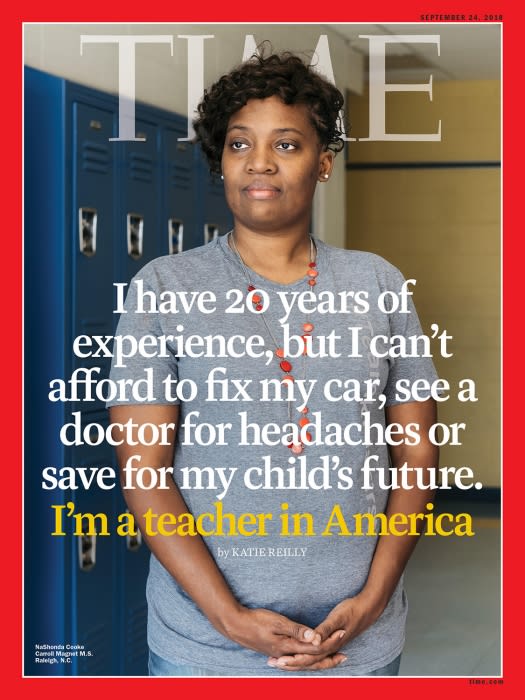 Time magazine cover featuring a portrait of a Black female teacher in a school setting with overlaid text about her experiences.
