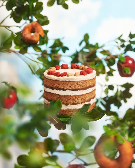 A three-layer cake topped with red and brown candies rests on tree leaves, surrounded by apples and donuts hanging from branches against sky.