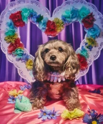 Small fluffy dog seated on a pink satin fabric surrounded by colorful artificial flowers and a heart-shaped paper doily frame.