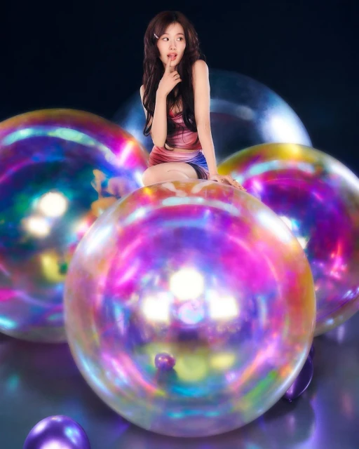 Young Asian woman poses playfully on iridescent spheres against a dark backdrop, wearing a stylish pink and blue dress.