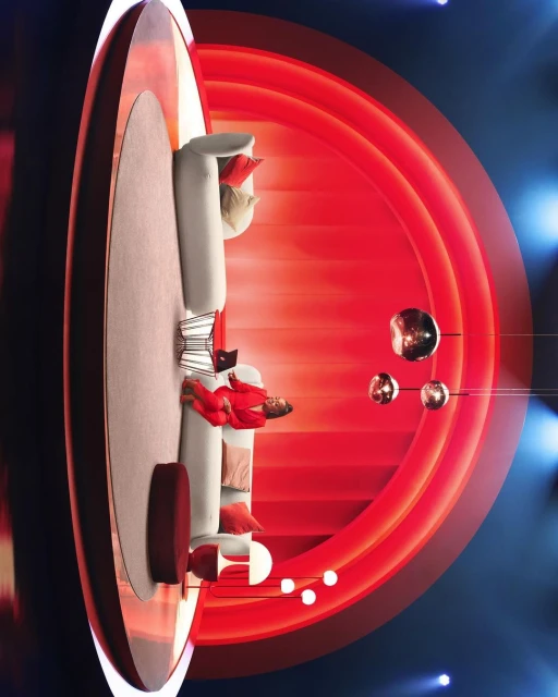 Elegant photo studio set featuring a lounge area with a woman in a red suit on a curved platform surrounded by illuminated rings.