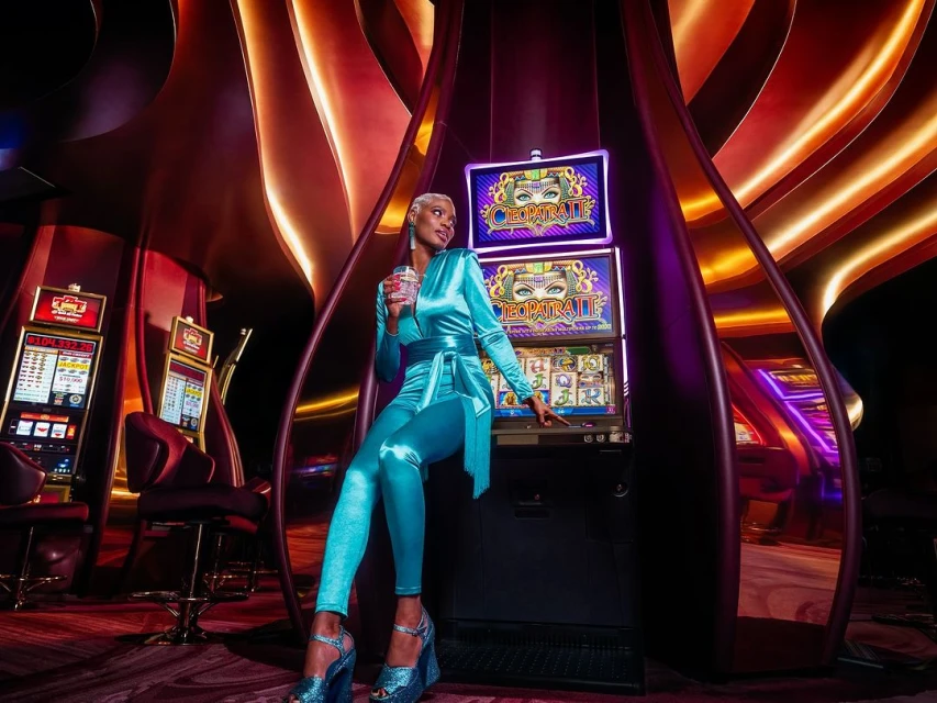 Glamorous woman in satin jumpsuit poses next to slot machine at a casino, holding a drink with casino lights and décor.