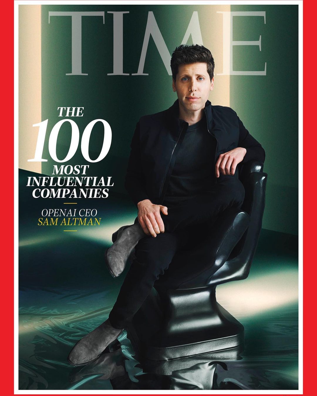 Sam Altman, CEO of OpenAI, poses in a black chair in a studio setting for a Time Magazine cover, showcasing modern corporate leadership.