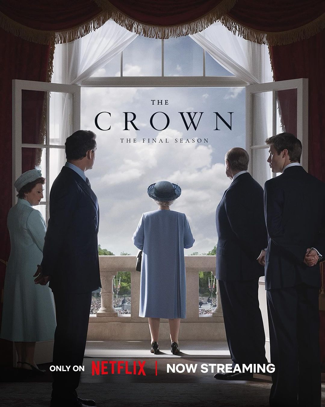 Promotional image for The Crown: The Final Season features five figures looking out window, set against a blurred landscape backdrop.