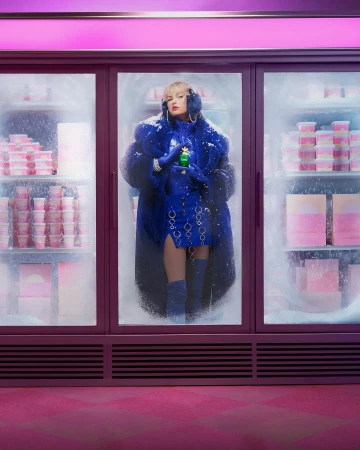 Woman in a blue fur coat and skirt poses inside a freezer display, holding a small perfume bottle against a pink backdrop.