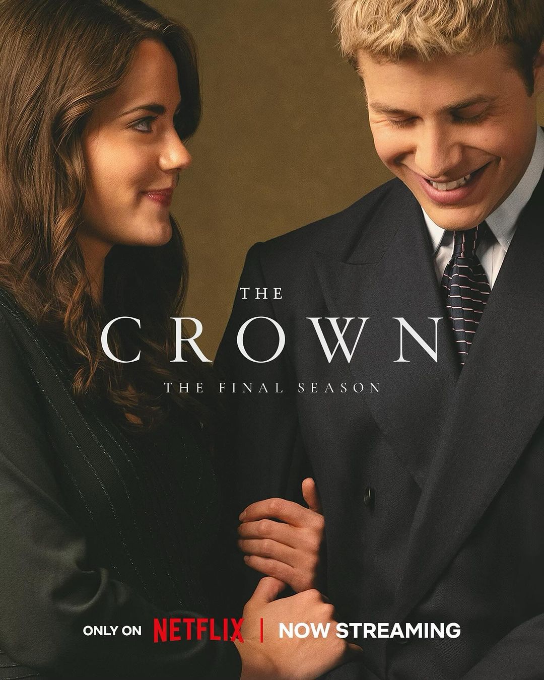 Promotional poster for 'The Crown: The Final Season' features two smiling actors in formal attire against a muted brown background.