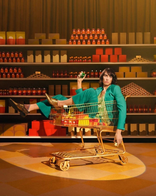 Person in green suit reclines in a gold shopping cart in a supermarket aisle against shelves stocked with orange and brown objects.