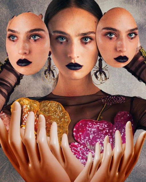 Surreal beauty portrait of a woman with artistic makeup, jewelry, and floral clothing. A woman holds mask-like faces and hands.