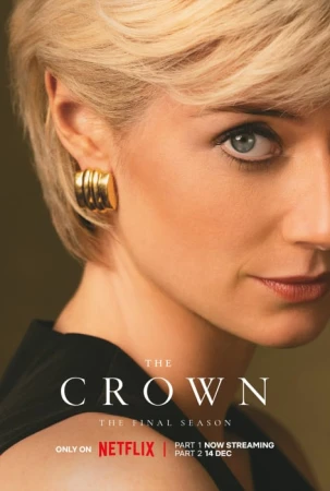 Close-up portrait of a blonde woman wearing gold ribbed earrings and a black top against a dark olive background.