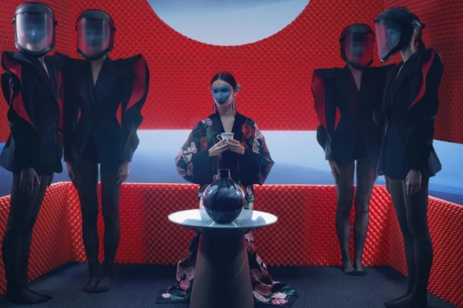 Artistic fashion portrait with a central model holding a teacup, flanked by helmeted figures in a room with textured red walls and blue light.