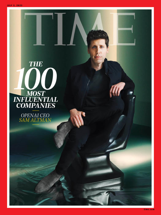 Time Magazine cover featuring Sam Altman, OpenAI CEO, in a studio setting, seated in a modern chair, wearing a dark outfit.