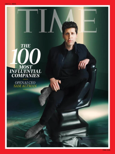 Time Magazine cover featuring Sam Altman, OpenAI CEO, in a studio setting, seated in a modern chair, wearing a dark outfit.