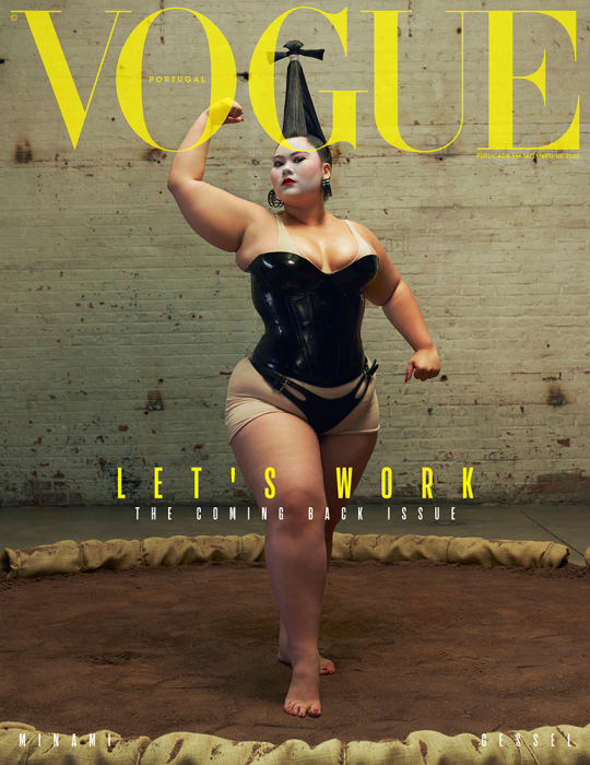 Vogue cover featuring plus-size model posing in black corset and traditional Japanese hairstyle in a sumo ring; studio lit with neutral tones.
