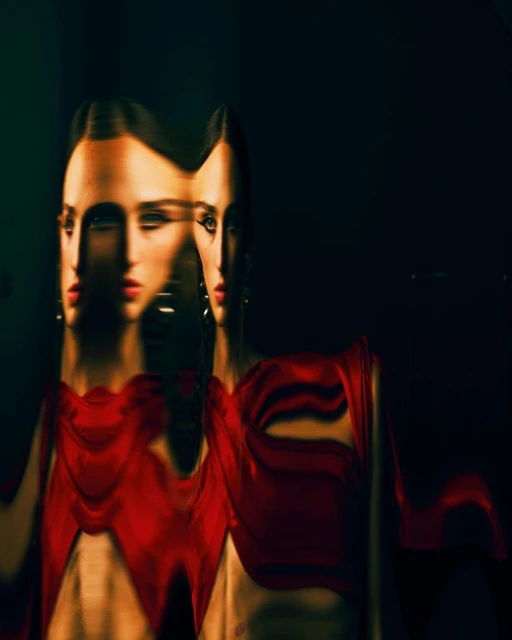 Portrait of an adult female with distorted features, wearing a red dress, set against a dark background with studio lighting.