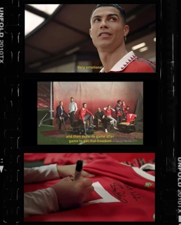 Three panel film still with Cristiano Ronaldo portrait, group of soccer players, and hand signing red jersey in photo studio setup.