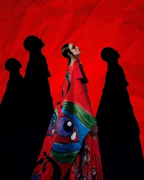 Model in painted red dress posing among dark silhouette figures against a bright red crumpled paper background.