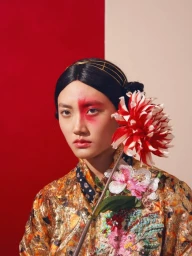 Asian woman with red face makeup holding a red and white flower by photographer Michelle Watt