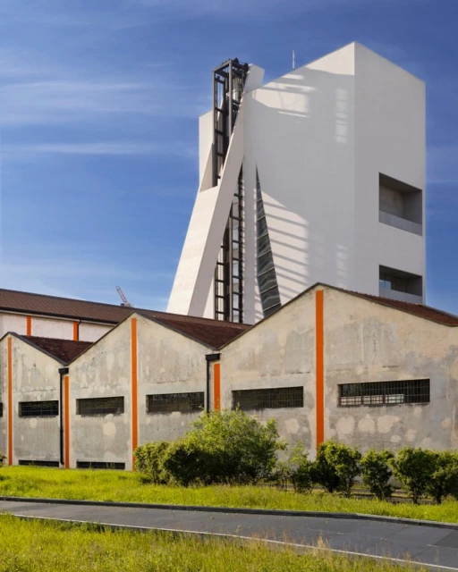 Architectural shot of the Fondazione Prada in Milan, Italy, featuring modern white building contrasting with industrial-style warehouse structures.