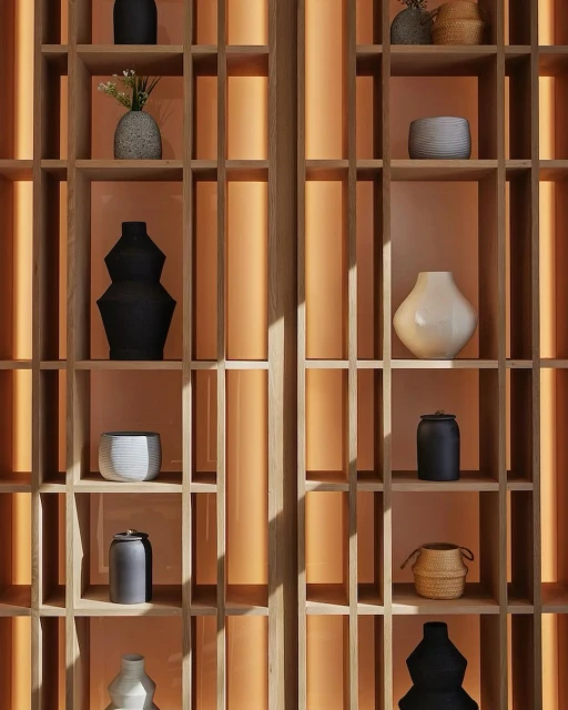 Wooden shelving unit with open compartments displaying an arrangement of decorative vases and vessels against a light orange background.