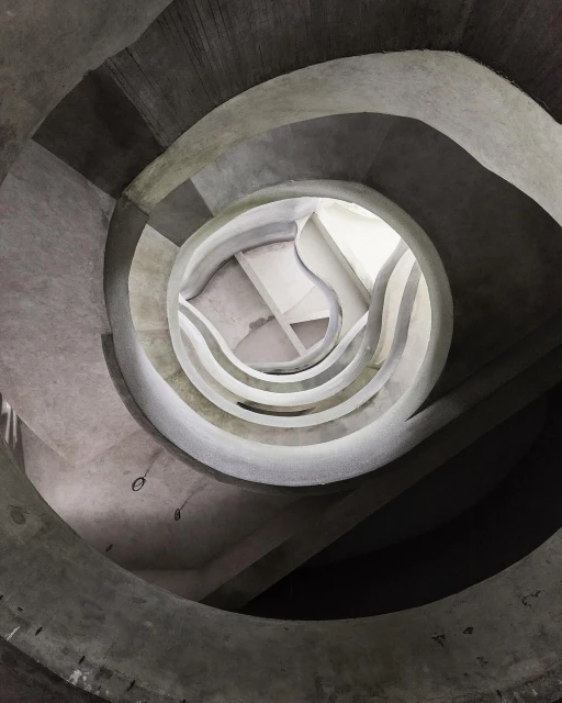 Concrete spiral staircase viewed from below, featuring a circular opening at the top and architectural design.