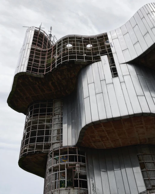 Exterior view of the abstract architecture of the Monument to the Revolution of the people of Kordun and Banija, Petrova Gora, Croatia.