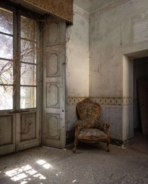 Old floral armchair positioned inside an abandoned room with aged walls and a large window covered in vines and bright sunlight.