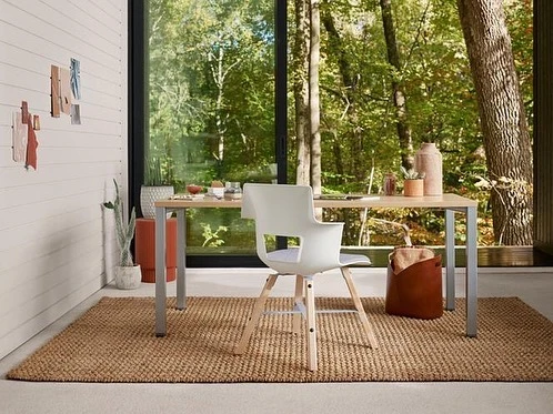 Minimalist home office with natural light: white chair at light wood desk, plants, brown rug, forest view through large window.