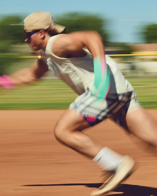 Adult male running outdoors in a white tank top, patterned shorts, sneakers, and baseball cap with motion blur on a sunny day.