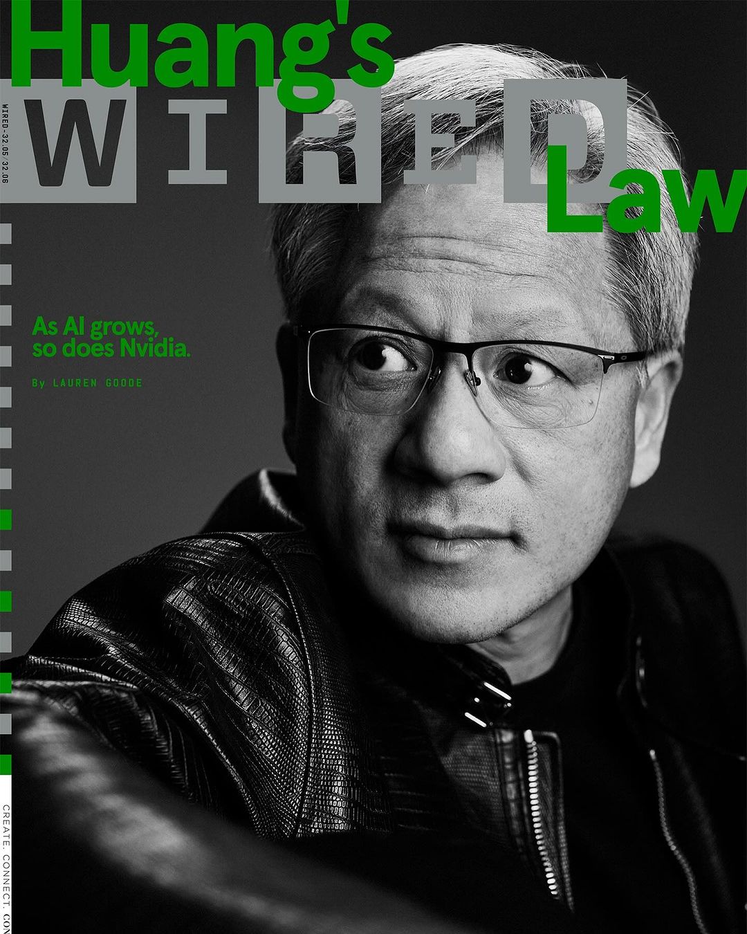 Headshot of Jensen Huang with glasses and leather jacket, overlayed with Wired Magazine graphics, set against a neutral gray background.