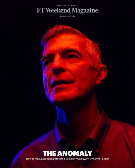 Magazine cover featuring a portrait of a man with a red and blue color grade, dark background, and the 'FT Weekend Magazine' masthead.