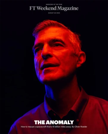 Magazine cover featuring a portrait of a man with a red and blue color grade, dark background, and the 'FT Weekend Magazine' masthead.