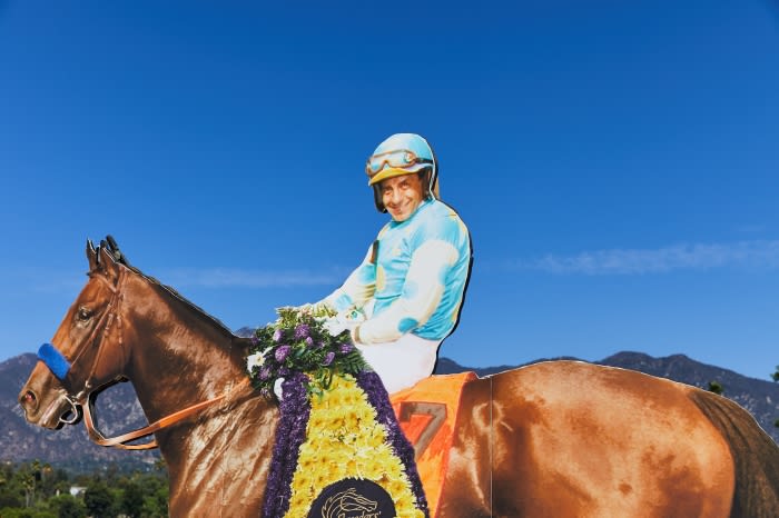 Jockey on a horse with a floral wreath stands against a clear blue sky and rolling hills in an outdoor environment, close-up.
