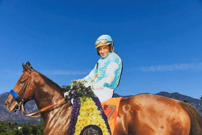 Jockey on a horse with a floral wreath stands against a clear blue sky and rolling hills in an outdoor environment, close-up.