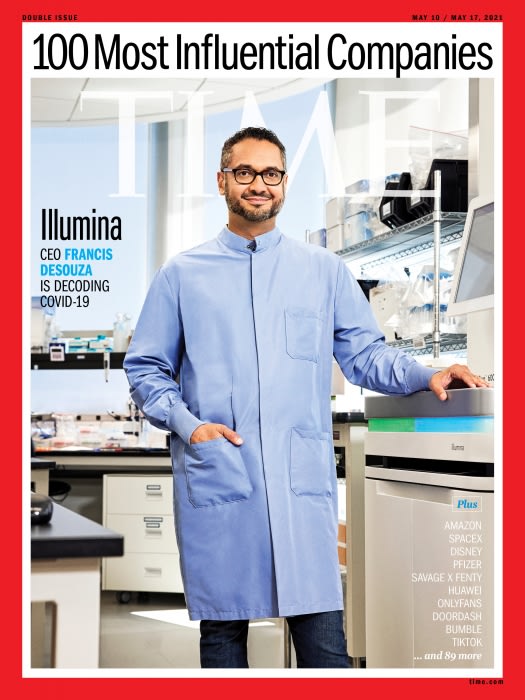 Magazine cover with CEO Francis deSouza of Illumina in a light blue lab coat, standing in a laboratory, featured in '100 Most Influential Companies'.
