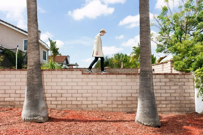 Young adult walking along a brick wall in a suburban setting, framed by two palm trees against a cloudy blue sky.
