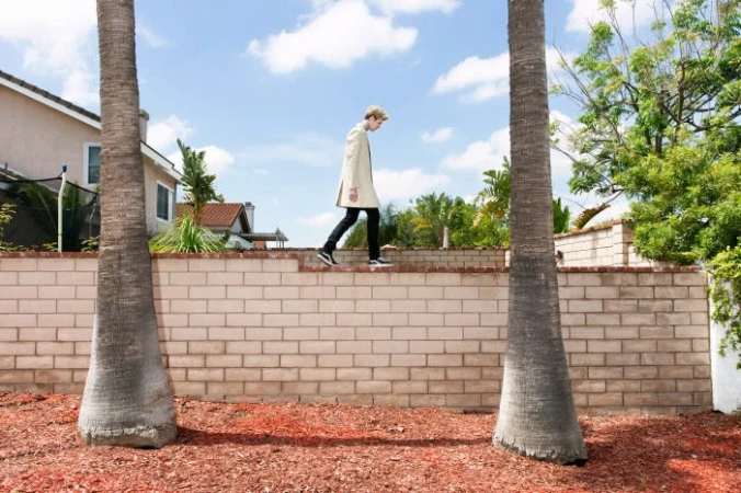 Young adult walking along a brick wall in a suburban setting, framed by two palm trees against a cloudy blue sky.