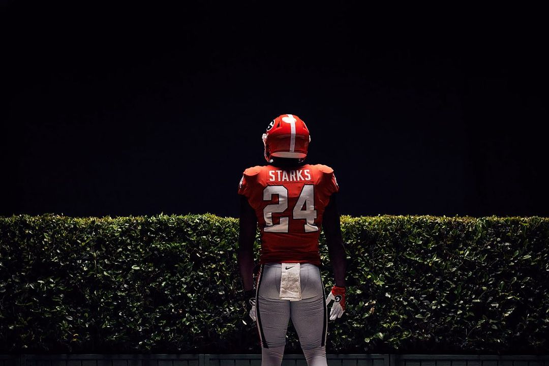 American football player in full uniform, number 24, stands facing away from the viewer in front of a green hedge.