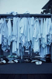 A rack filled with white robes and folded towels hanging over a wooden slat floor with discarded sandals.