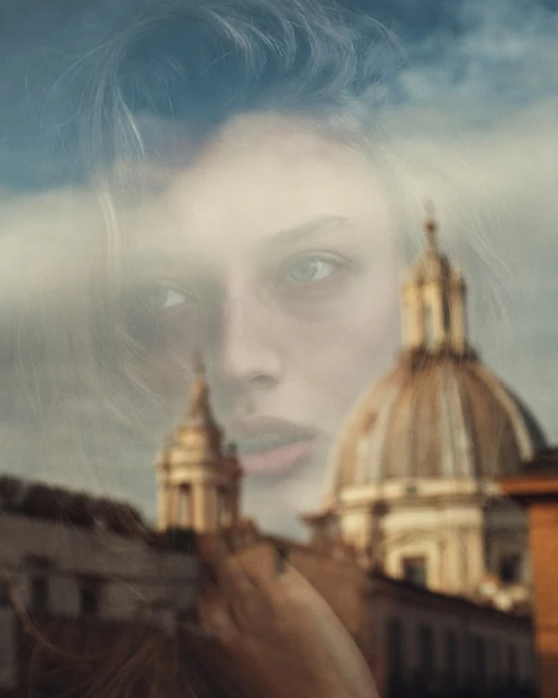 Woman's face overlaid on a cityscape with domed buildings under a sky with clouds, creating a surreal, dreamy effect.