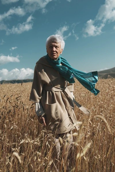 Elderly woman with silver hair in a tan trench coat and teal scarf stands in a wheat field against a blue sky on a sunny day.