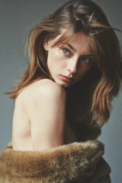 Portrait of a woman with light brown hair and blue eyes, wrapped in a fur coat against a neutral gray background in a studio setting.