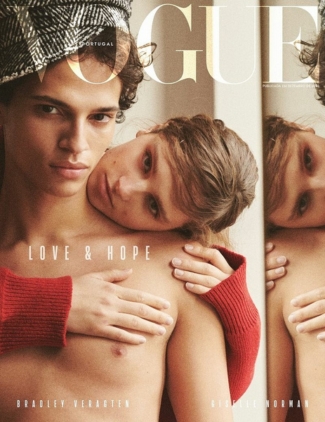 Vogue Portugal cover featuring two models with a neutral expression, one wearing a checkered hat and the other with hands on his chest.