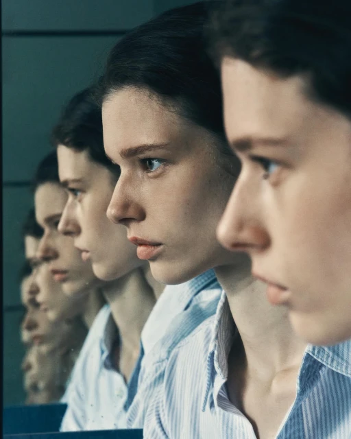 Woman in blue and white striped shirt appears multiple times in a reflective surface, showcasing a repeated profile view.